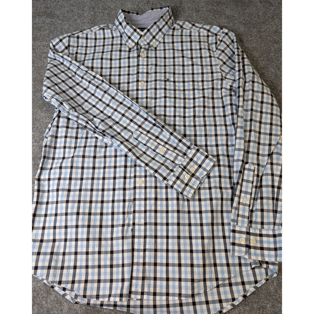 Tommy Hilfiger Long Sleeve Shirt Button Down Plaid Blue/White Men's Large